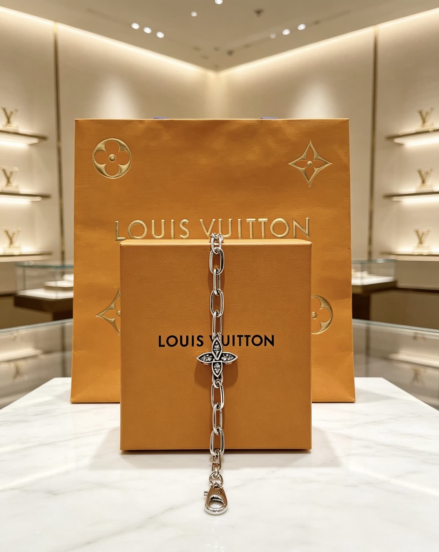 Louis Vuitton Silver Bracelet with Monogram Flower Charm